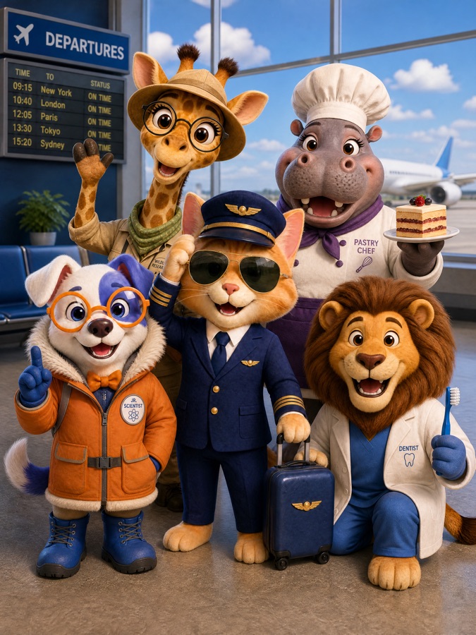 Koshi the puppy scientist with his friends: a giraffe explorer, a hippo pastry chef, a cat pilot and a lion dentist, waving at an airport.